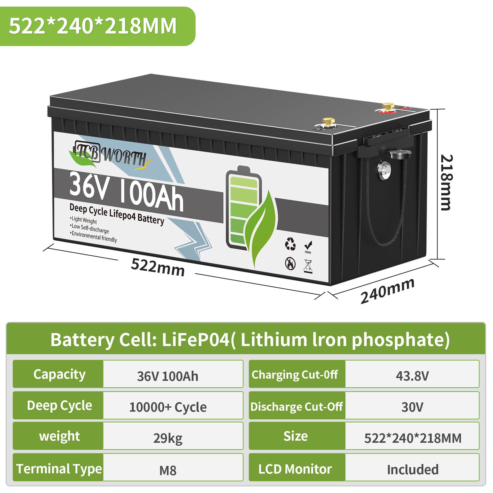 36V 100Ah Lithium LiFePO4 Battery 200A BMS 10 Year warranty for Golf cart EV RV