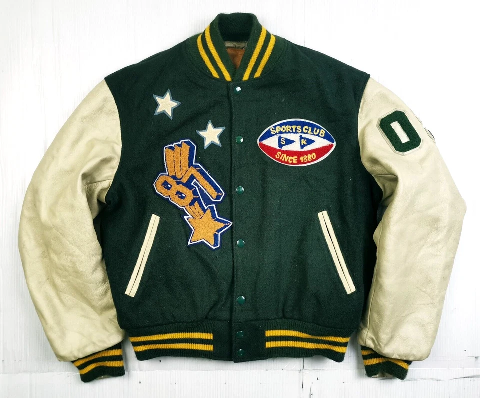 HOT VTG Men GOLDEN BEAR BOMBER STADIUM VARSITY PATCH WOOL LEATHER GREEN Jacket M - Image 2 of 4