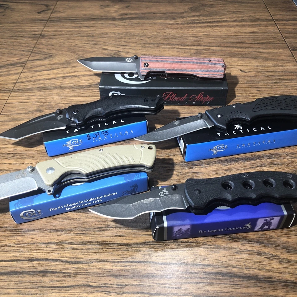 Lote de 5 cuchillos plegables Colt surtidos rayas de sangre táctico Micarta lavado a la piedra Foto 2 de 4