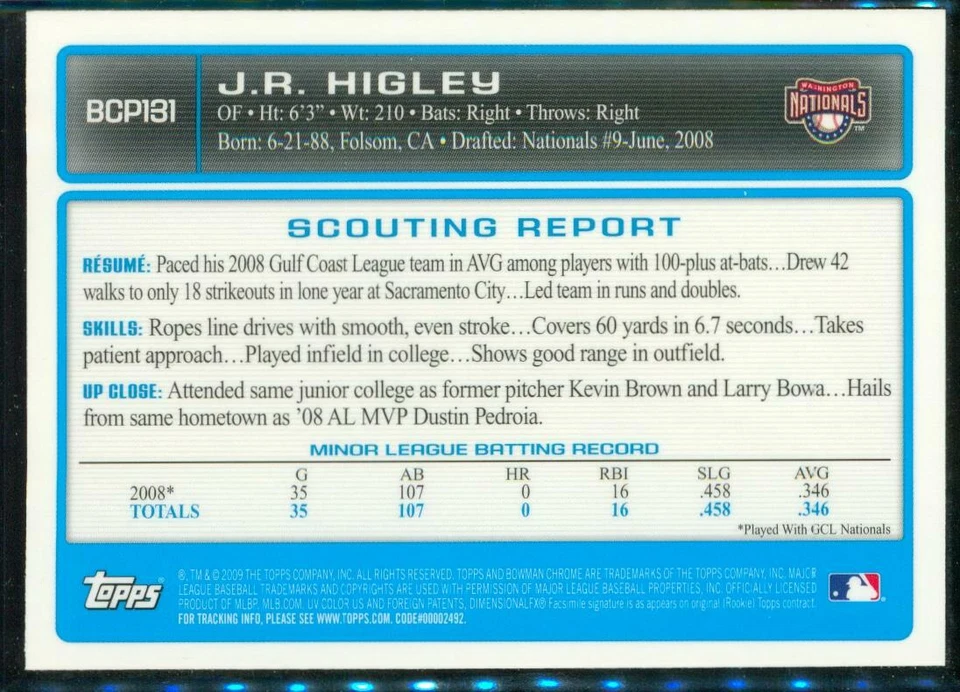2009 Baseball Card Bowman Chrome Prospects BCP131 JR HIGLEY Washington Nationals - Image 2 of 2