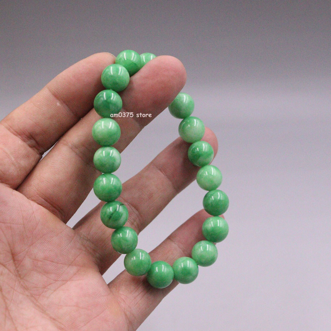 Real Green Jadeite Bead Bracelet 10mm Women Man Round Ball Jade Bracelet  7inch