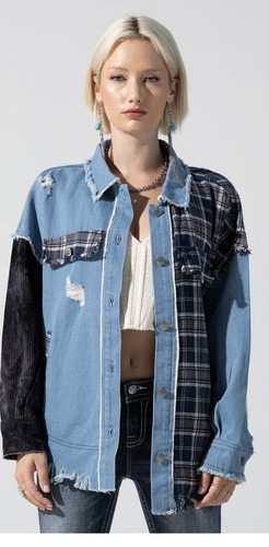 Miss Me Women's Denim Plaid Shacket Long Sleeve Jacket Small
