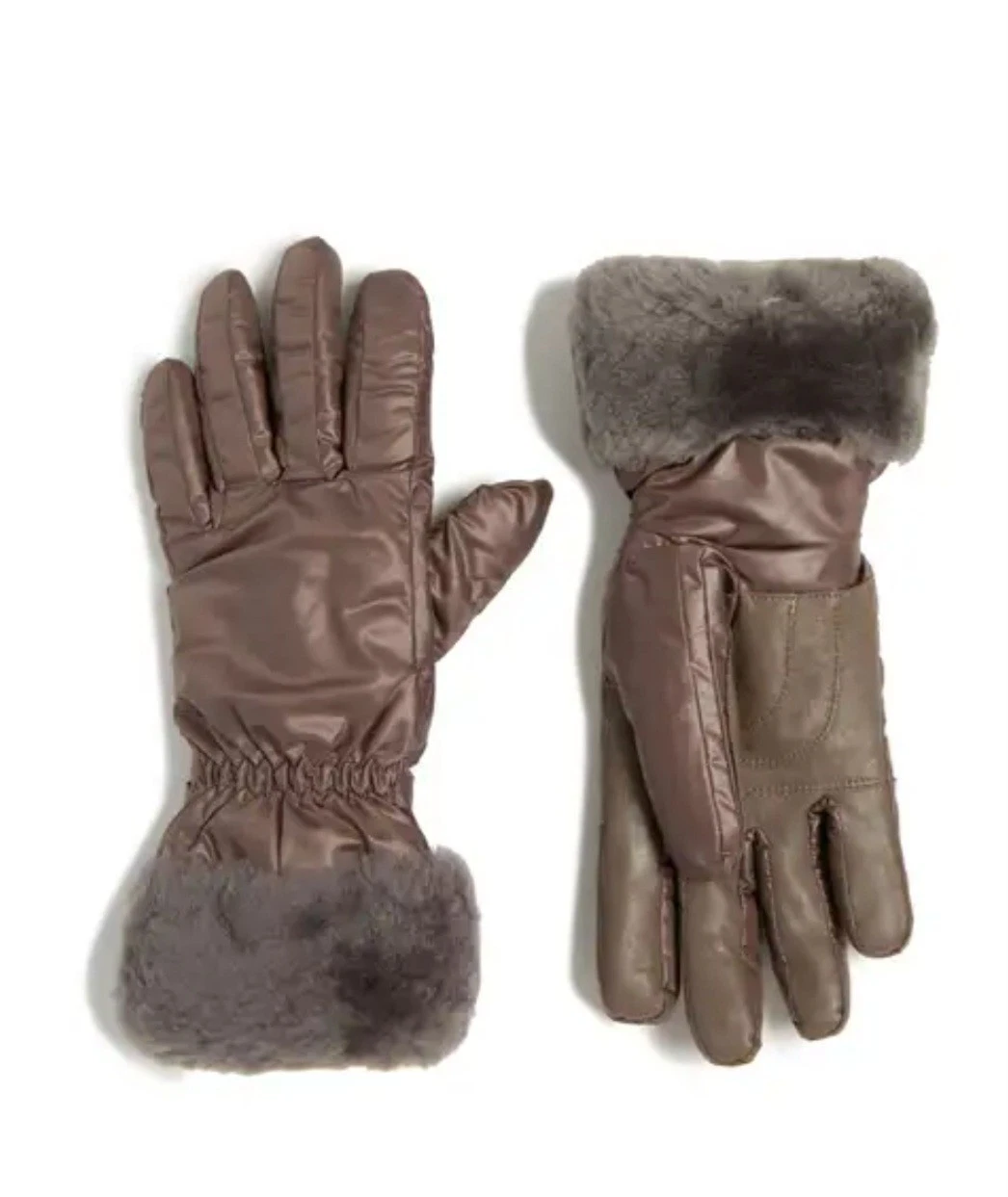 UGG STORMY GREY NYLON GLOVE W CONDUCTIVE PALM SHEARLING TRIM GLOVES S/M