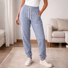 Athleta Womens Cabo Linen Jogger Size 8 Light Blue Chambray Zip Pockets