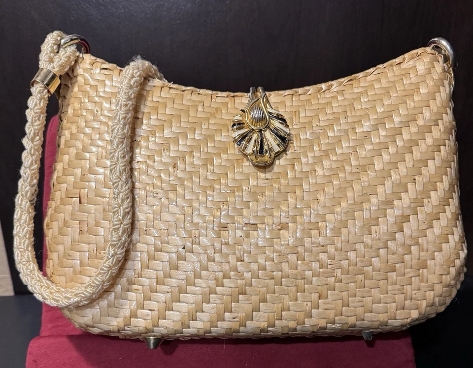 Bolso de Mano Koret Tejido Bambú Estuche Rígido Esmaltado Pestillo Boho Dinero Antiguo Italia De Colección Años 60 Foto 2 de 4