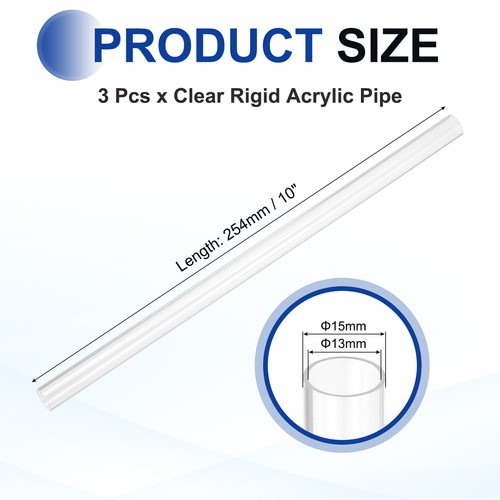 3 pezzi 13 mm (0,51") ID x 15 mm (0,59") OD x 254 mm (10") L tubo acrilico rigido trasparente - Foto 2 di 7