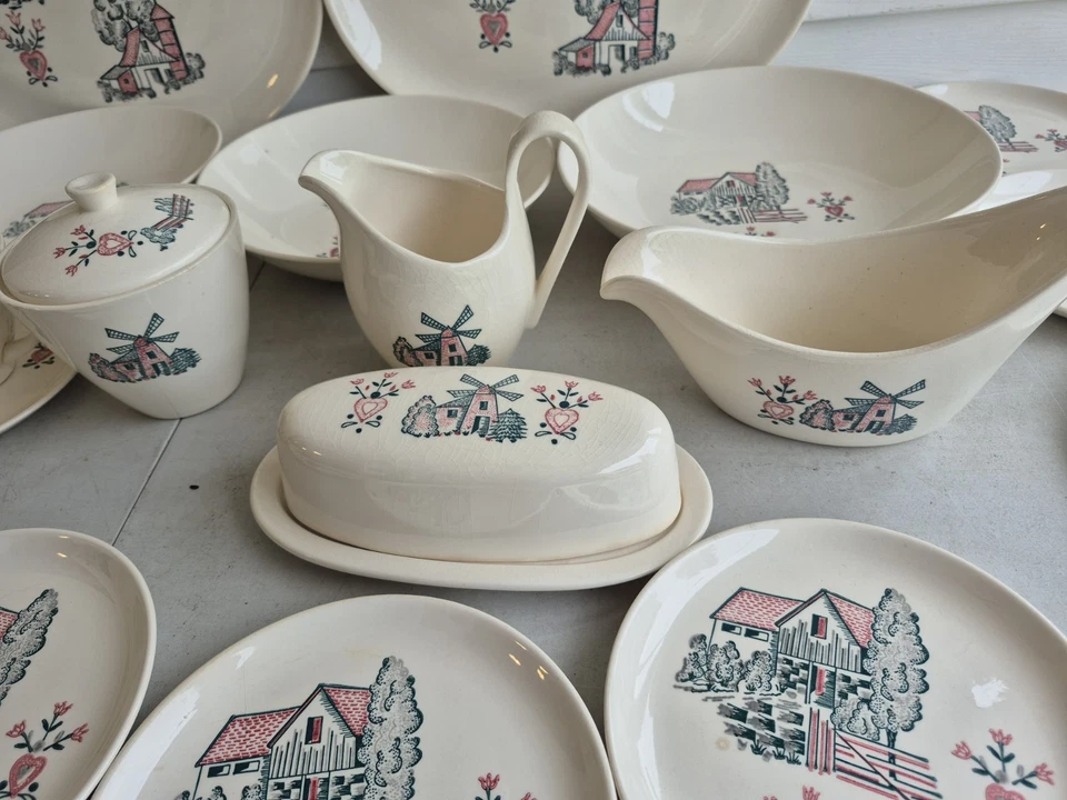 VINTAGE DINNERWARE SET MADE IN AMERICA HAND DECORATED WIND MILL,COUNTRY HOUSE... - Image 2 of 4