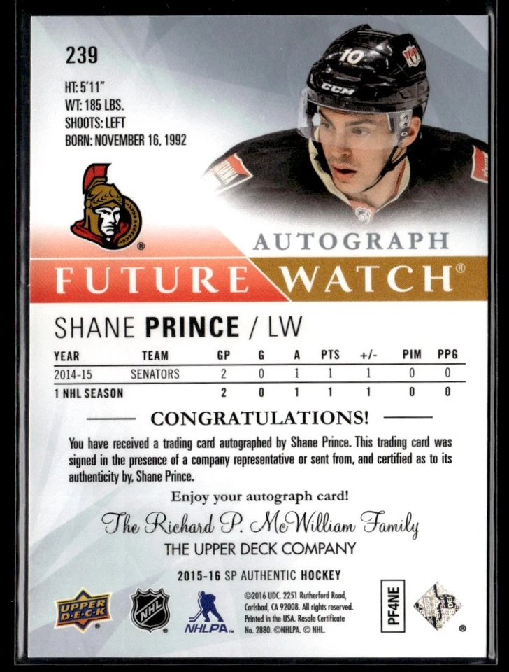 2015-16 SP Authentic Future Watch Shane Prince RC Auto /999 - Image 2 of 2