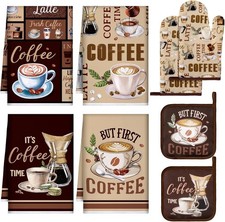 8 Pcs Coffee Kitchen Towels and Dishcloths Sets Oven Mitts and Pot Holders Se...