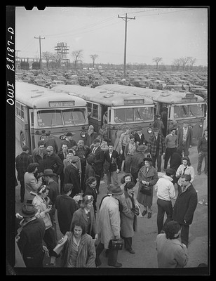 Niagara Falls New York 1943 Bell Aircraft Plant Workers Shift Change Bus Crowd