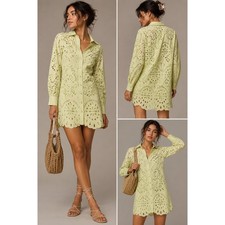 Anthropologie Eyelet Shirt Dress Womens M Yellow Green Cutout Button Front