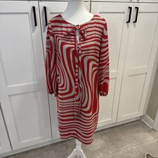 Tahari Arthur S. Levine Red Tan Swirl Print Shift Dress Long Sleeve Size 8 Mod