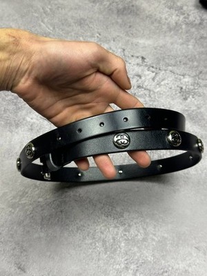 Vintage Black Stussy leather belt, size S/M, bulldog tattoo with