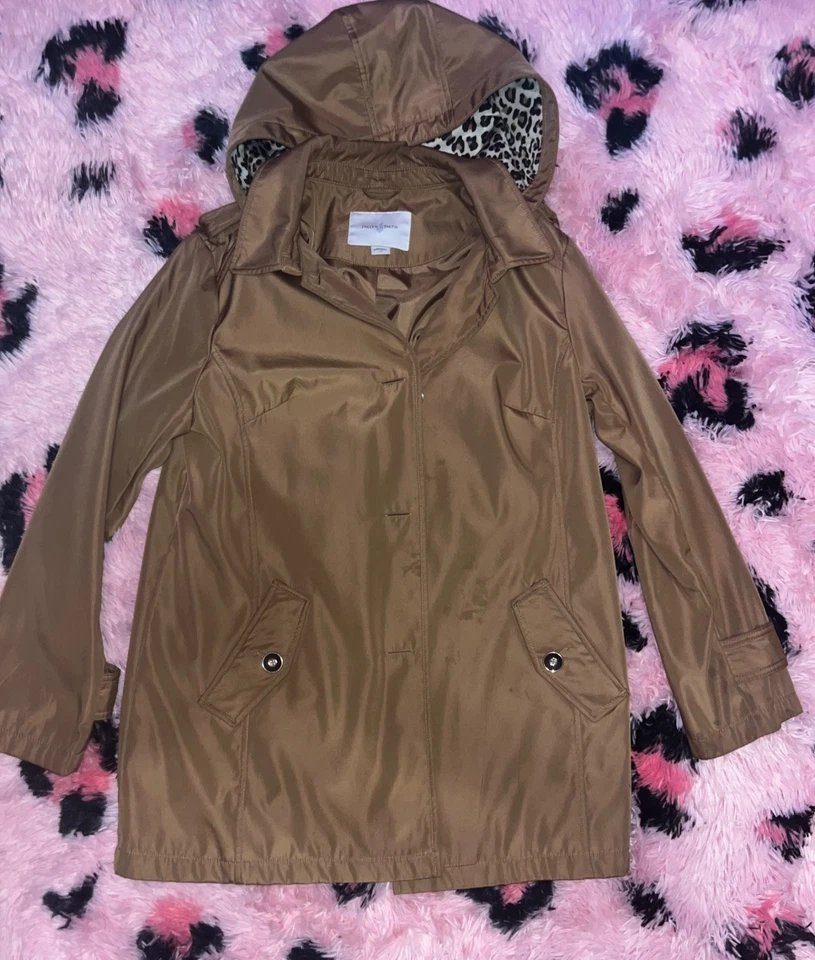 Jaclyn Smith De Colección Años 90 Tostado con Estampado de Leopardo Todo Clima/Impermeable con Capucha Talla L Foto 4 de 4