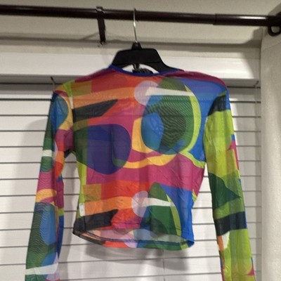 Akira Sheer Multicolor Geometric Mesh Long Sleeve Crew Neck Pullover Top M