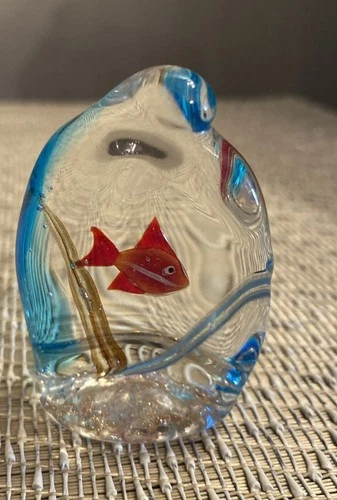 Vintage Hand Made Murano Glass Paperweight aquarium fish red blue 2"