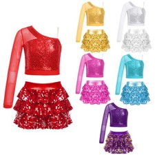 Kids Girls Crop Top With Skirt Flared Pleated Costume Sequins Cheerleading Jazz