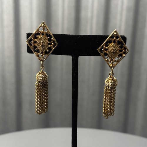 Orecchini Vintage Monet Clip-On Pendenti Nappa Tono Oro Filigrana Diamante Firmati - Foto 5 di 12