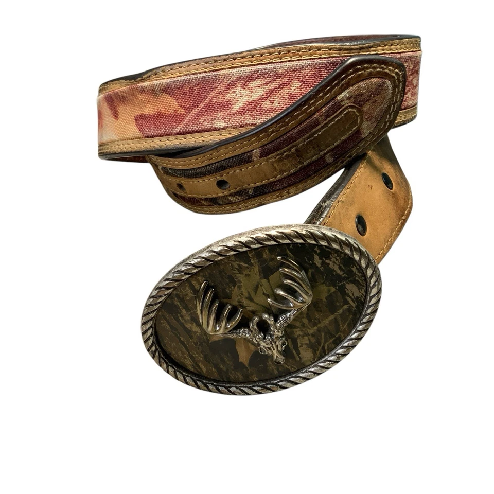 Nocona Belt Co Roble Mossy Camuflaje Extraíble Ciervo Calavera Hebilla Cuero Talla 32 Foto 2 de 4