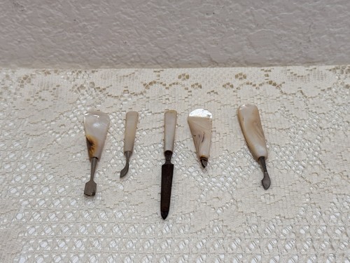 Antique Victorian Mother of Pearl Manicure Tools Lot 5 Nail Care Set Pre 1900