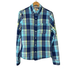Hollister Plaid Button Down Shirt Medium Blue Green Cotton Casual Coastal Prep 