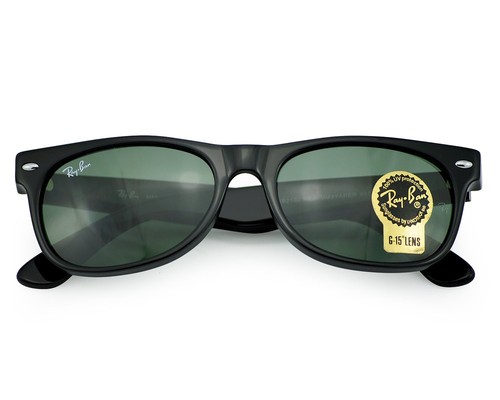 Ray-Ban Sunglasses RB2132 New Wayfarer Classic Black Frame Green Lenses 55mm - Picture 9 of 12