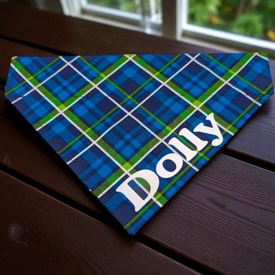 Personalized Plaid Dog Bandana Blue Green OVER THE COLLAR  Slide on Bandanna