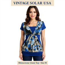 VINTAGE 80s 90s SOLAR USA Rhinestone Embellished Blue Print Top M Made in USA