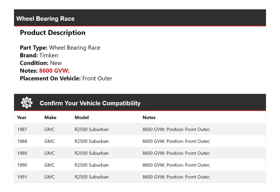 For 1987-1991 GMC R2500 Suburban Wheel Bearing Race Front Outer Timken 1988 1989 - Image 2 of 4