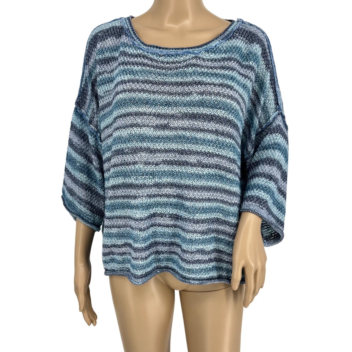 POL sweater small loose knit blue purple striped 3/4 sleeve crew neck boxy