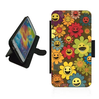 Smiley Blumen Handyhülle Wallet Flip Cover für iPhone Samsung Pixel SMI2