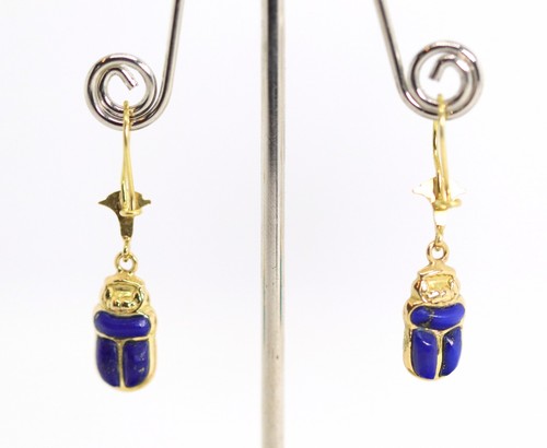 18kt – 750 Oro Amarillo Escarabajo Pendientes Lapislázuli + Turquesa Egipcio - Imagen 3 de 9
