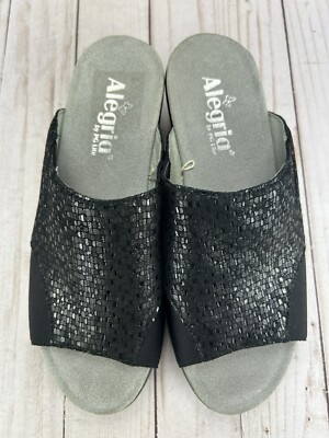 Alegria Ryli Tile Me More Sandals Slide Heel Wedge Black Leather Womens Size 8