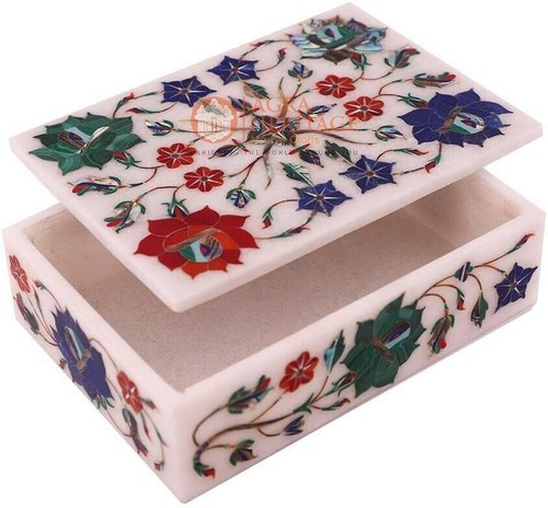 6"x4"x2" Marble White Handmade Jewelry Box Semi Precious Inlaid Veterans Gift - Picture 2 of 4