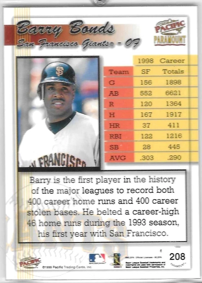Barry Bonds 1999 Paramount Platinum Blue "SF Giants Home Run King" (RARO) #208! Foto 2 de 2