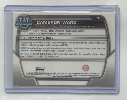 Cameron Ward 2022 Bowman University Chrome #34 - Picture 2 of 2