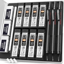 0.9 Metal Mechanical Pencil Set with Case, 3PCS Black MP1000 0.9Mm Drafting Penc