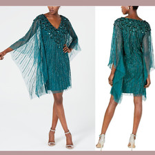 NEW Adrianna Papell Beaded Sequin Mesh Kaftan Dress Dark Jade [SZ Small ] #G809