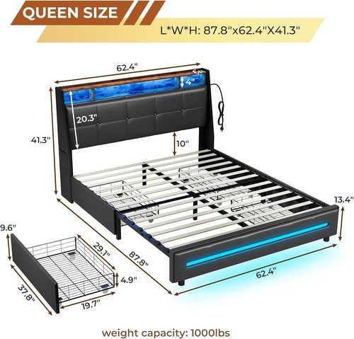 Queen Bed Frame with 4 Storage Drawers, Upholstered Bed with LED Light Footboard - Picture 2 of 7