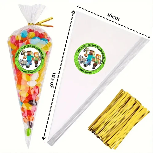 Personalised Gaming MINE CRAFT Birthday Stickers Party Thank You Sweet Cone Bags - Picture 3 of 11