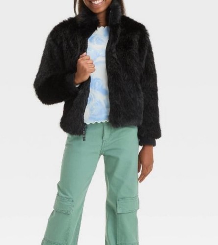 NWT~ Art Class sz S 6/7 Girls Black Faux Fur zip up Jacket Coat pockets #17 - Picture 2 of 5