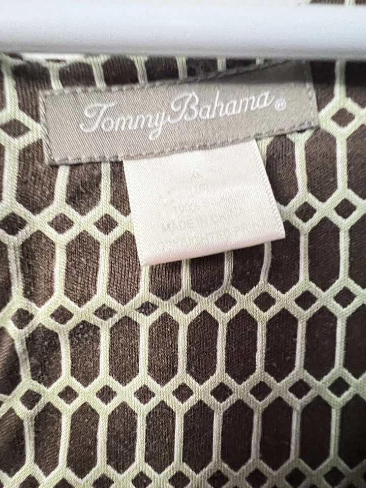 Vestido Tommy Bahama 100 % seda para mujer pequeño marrón beige estampado manga corta Foto 3 de 4