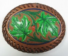 Vintage Leather Belt Buckle Hand Painted LEAVES Stitched Wrapped Edge NOS Lovely