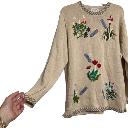 Stitches In Time Sweater Cardigan Beige Sz L Floral Plant Embroidered Garden - Picture 7 of 11