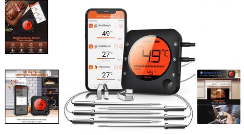 Bluetooth Fleischthermometer digital 6 Sonden Grillofen Rüttler Alarm - Bild 2 von 9