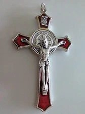 Catholic Large St Benedict Red Enamel Silver Tone Crucifix 3+"