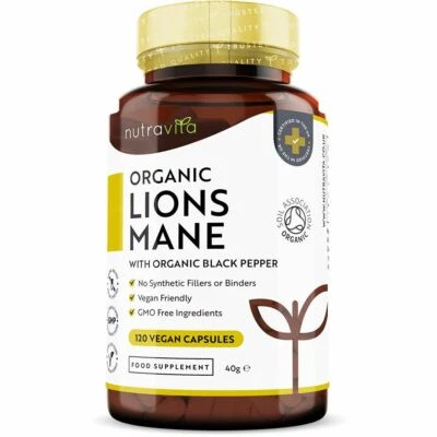 NUTRAVITA Organic Lions Mane Mushroom Capsules with Black Pepper - 120 Vegan Capsules