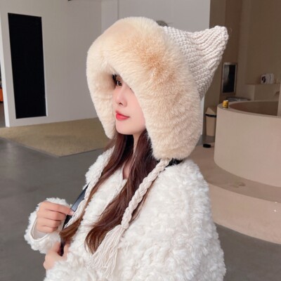 Lady Faux Fur Knitted Beanie Hat Cossack Russian Ski Cat Ear  display picture 3
