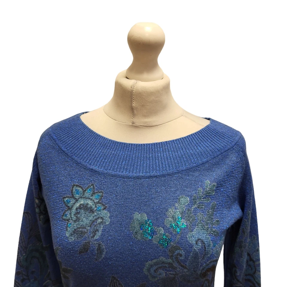 Desigual Blue Floral Long Sleeve Boat Neck Knitted Top Womens UK M CC755 - Image 4 of 4