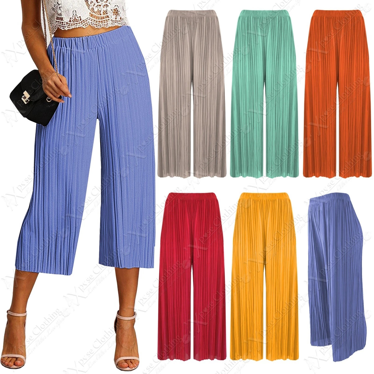 LADIES PLEATED CULOTTES WOMENS TROUSERS FLARED CROP TROUSERS 3 4 SUMMER PANTS